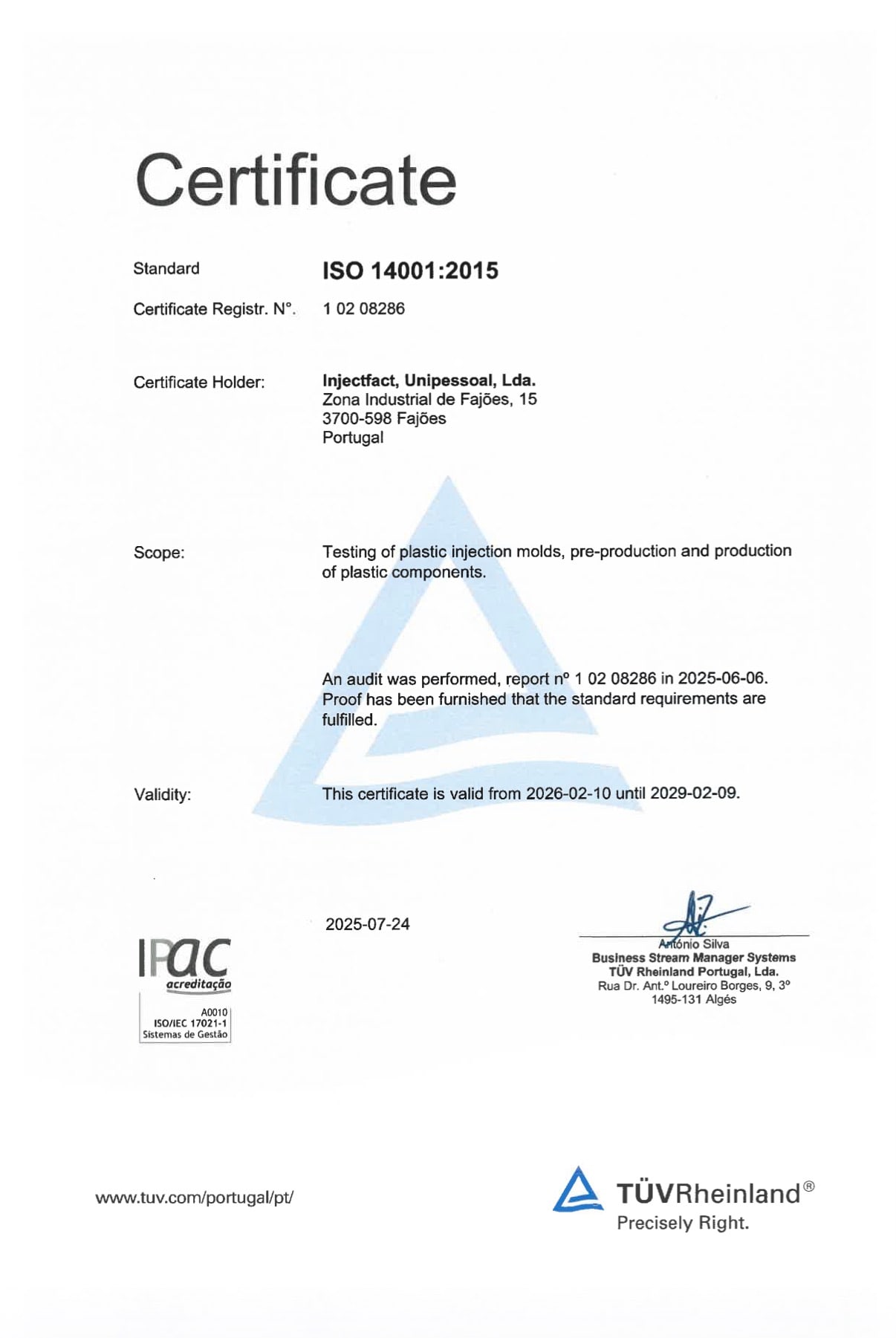 Certificado ISO 14001:2015 emitido pela TÜV Rheinland a Injectfact, Unipessoal, Lda.
